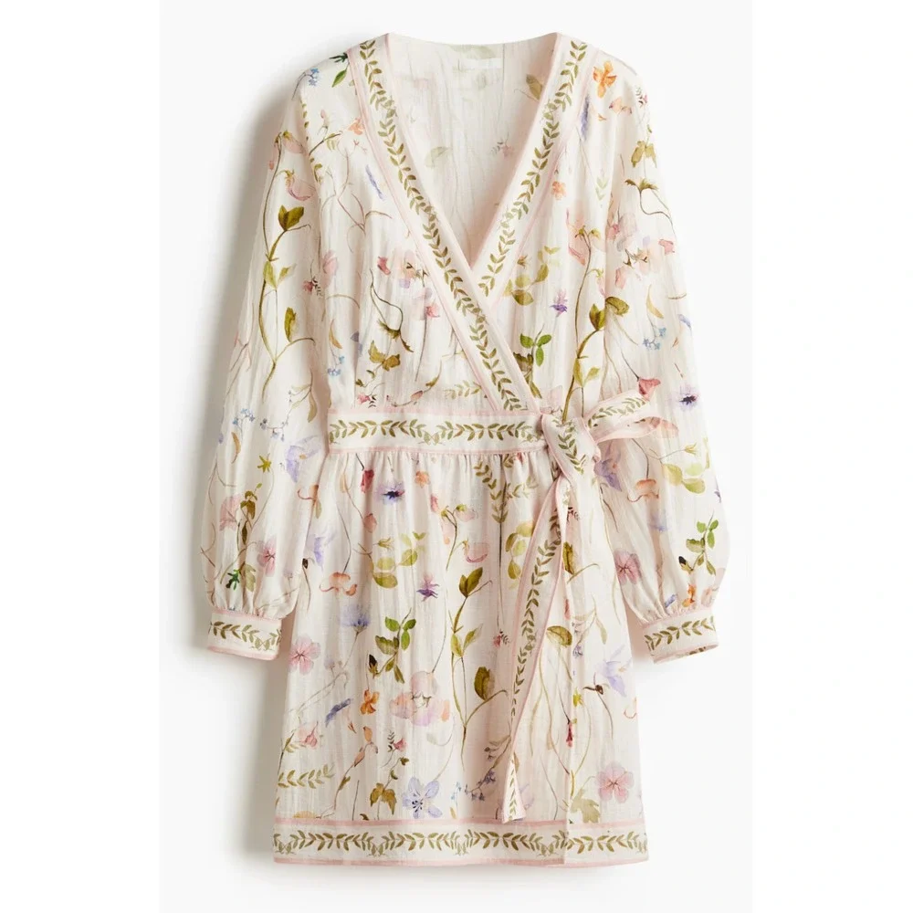 NWT H&M Floral Wrap Dress Large Fairy Botanical LS Feminine Brunch Wedding Chic - Picture 14 of 16